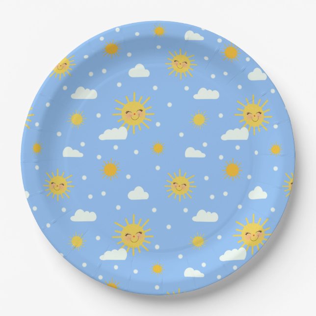 Blue And Yellow Sunshine Cloudy Sky Paper Plate (Front)