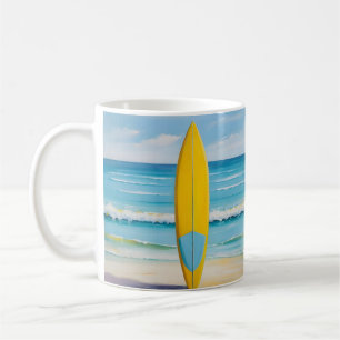 Blue and yellow surf board on the beach coffee mug