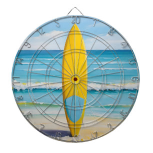 Blue and yellow surf board on the beach dartboard