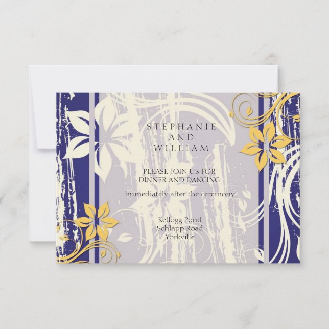 Blue and Yellow Swirl Wedding Reception Card (Front)