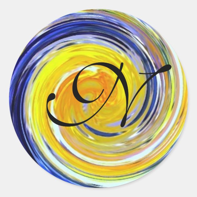 Blue and yellow swirls initial classic round sticker (Front)