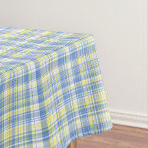 Blue and yellow tablecloths and tiles