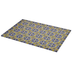 blue and yellow tile cutting board