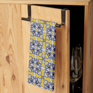 blue and yellow tile tea towel