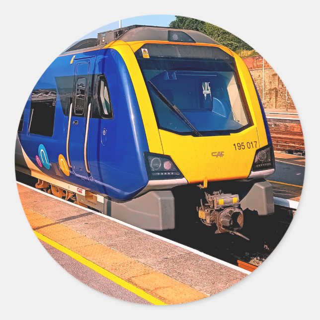 Blue and yellow train classic round sticker (Front)
