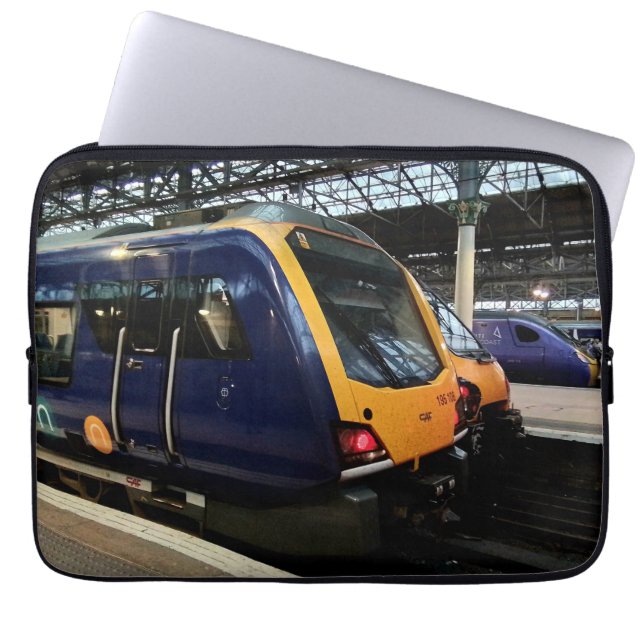 Blue and yellow train laptop sleeve (Front)
