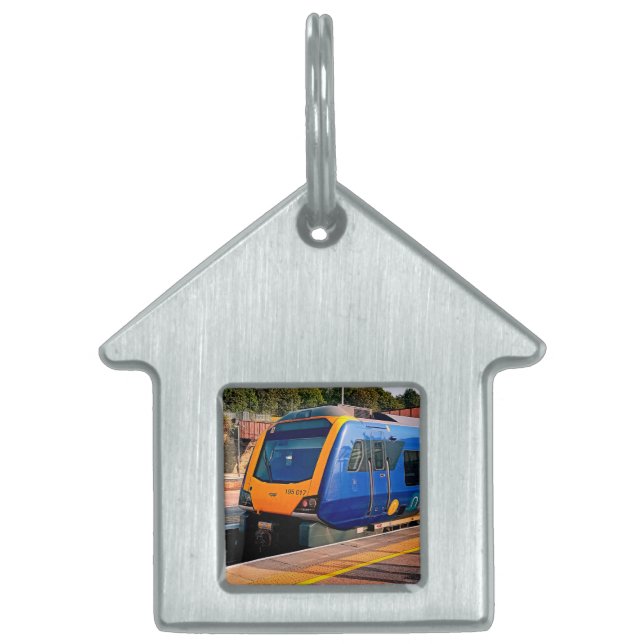 Blue and yellow train pet ID tag (Front)