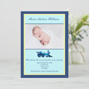 Blue and Yellow Train Themed Photo Birth Announcement