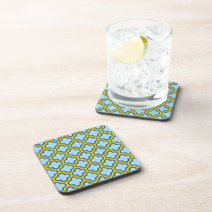 Blue and Yellow Trellis, Lattice, Quatrefoil Coaster