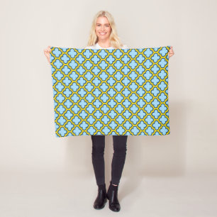 Blue and Yellow Trellis, Lattice, Quatrefoil Fleece Blanket