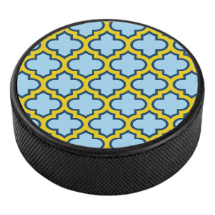 Blue and Yellow Trellis, Lattice, Quatrefoil Hockey Puck