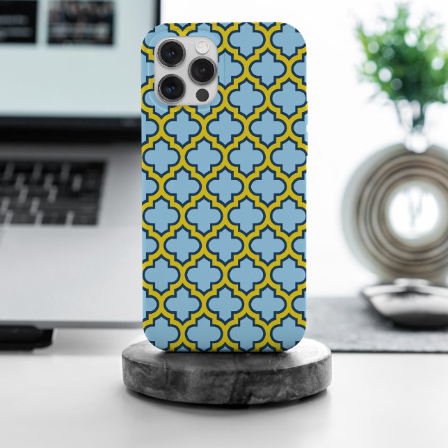 Blue and Yellow Trellis, Lattice, Quatrefoil iPhone Case (Creator Uploaded)