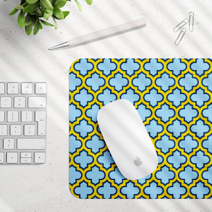 Blue and Yellow Trellis, Lattice, Quatrefoil Mouse Mat