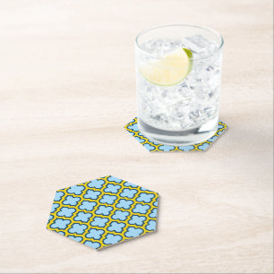 Blue and Yellow Trellis, Lattice, Quatrefoil Paper Coaster