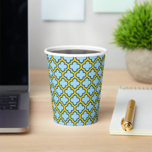 Blue and Yellow Trellis, Lattice, Quatrefoil Paper Cups