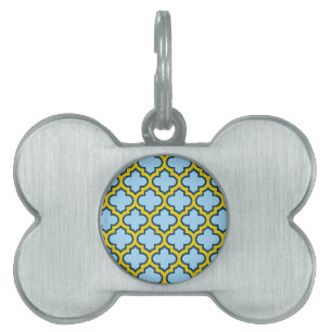 Blue and Yellow Trellis, Lattice, Quatrefoil Pet ID Tag