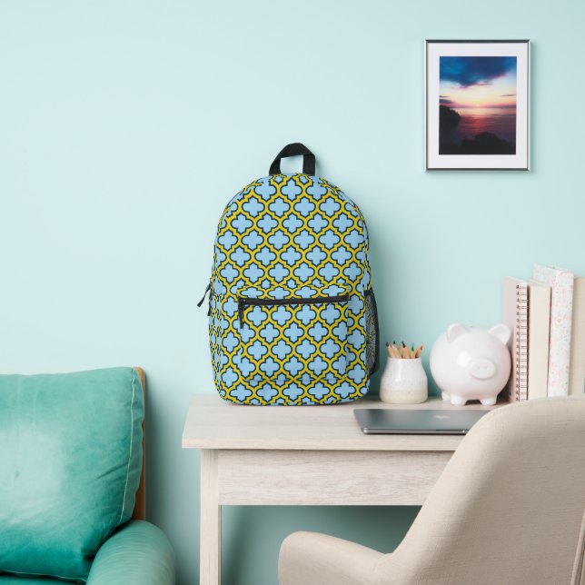 Blue and Yellow Trellis, Lattice, Quatrefoil Printed Backpack (Insitu)