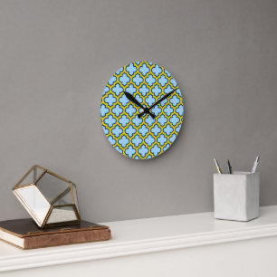 Blue and Yellow Trellis, Lattice, Quatrefoil Round Clock
