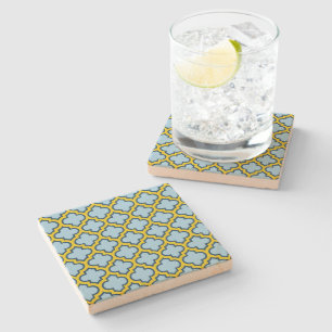 Blue and Yellow Trellis, Lattice, Quatrefoil Stone Coaster