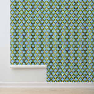 Blue and Yellow Trellis, Lattice, Quatrefoil Wallpaper