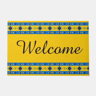 Blue and yellow tribal doormat