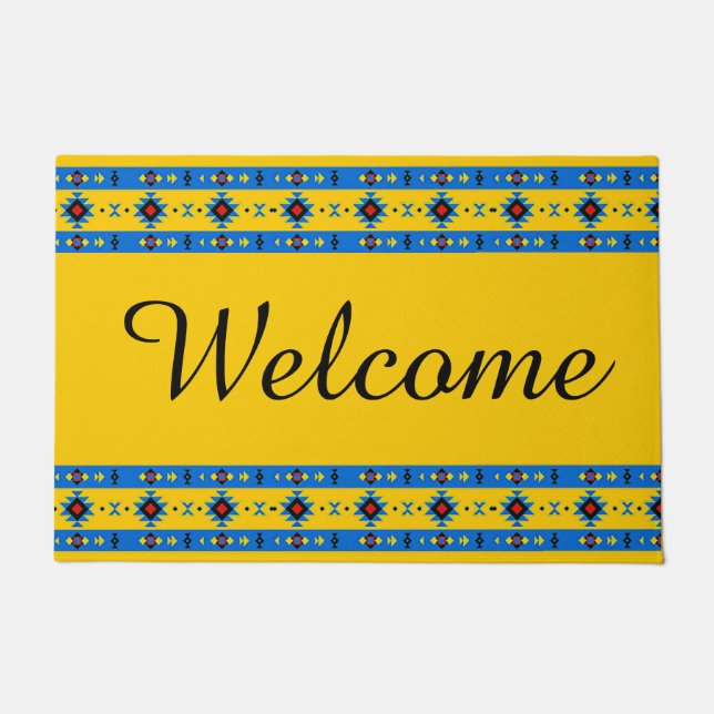 Blue and yellow tribal doormat (Front)