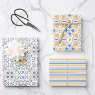 Blue and Yellow Tuscan Damask Wrapping Paper Sheet