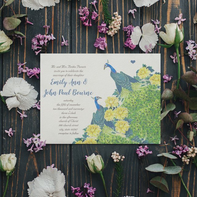 Blue and Yellow Vintage Peacock Wedding Invitation (Creator Uploaded)
