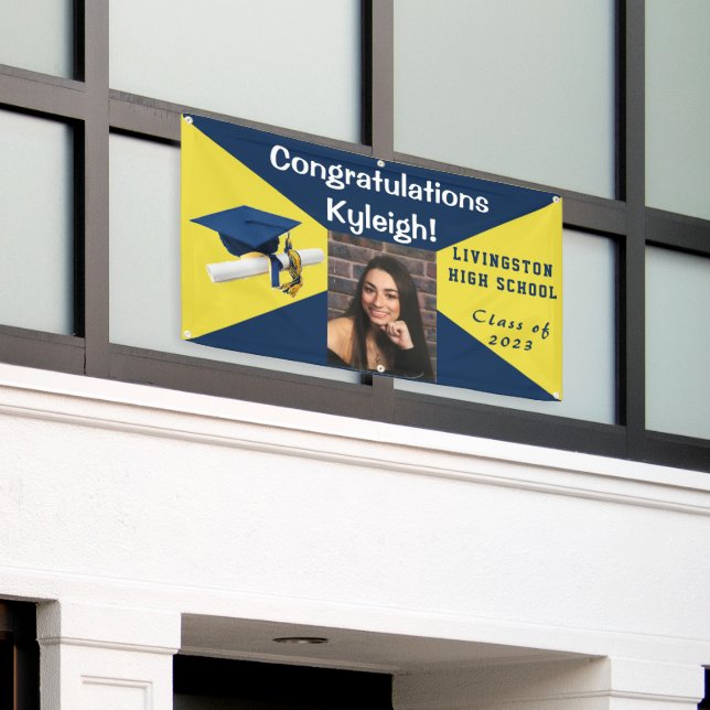 Blue and Yellow Vinyl Graduation Photo Banner (Outside Building)