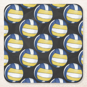 Blue and Yellow Volleyball Patterns Square Paper Coaster