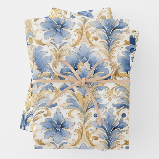 BLUE AND YELLOW WATERCOLOR DAMASK GIFT WRAPPING PAPER SHEET (In situ)