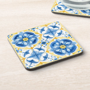  💛💙 Blue and yellow, watercolor floral Azulejos  Coaster