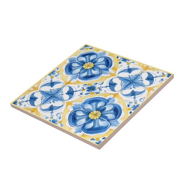  💛💙 Blue and yellow, watercolor floral Azulejos  Tile (Side)
