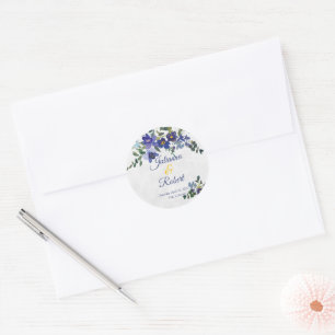 Blue and yellow watercolor floral wedding invitati classic round sticker