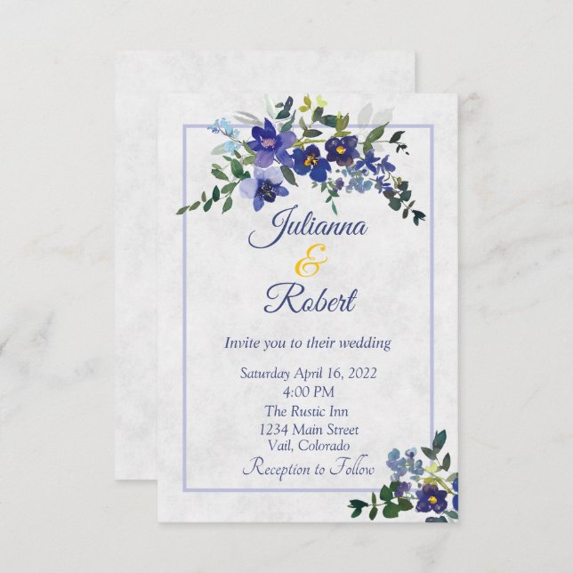 Blue and yellow watercolor floral wedding invitati invitation (Front/Back)