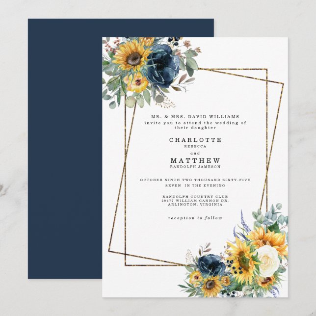 Blue and Yellow Watercolor Floral Wedding Parents Invitation (Front/Back)