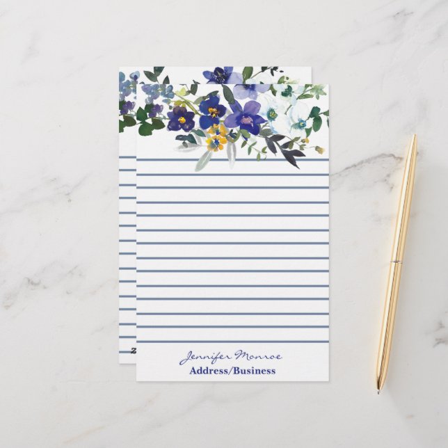 Blue and yellow watercolor flowers personalised  stationery (Front/Back In Situ)