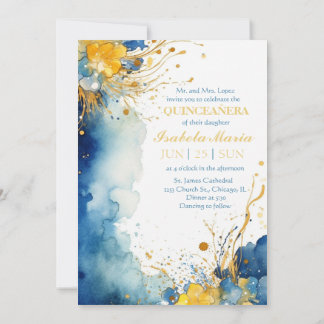 Blue and Yellow Watercolor Quinceanera Invite