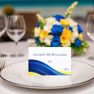 Blue and Yellow Wedding Place Cards Fish Icon