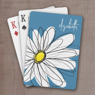 Blue and Yellow Whimsical Daisy Custom Text Playing Cards