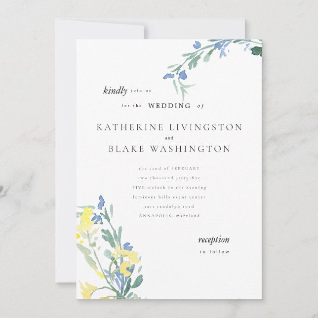 Blue and Yellow Wildflower Colourful Wedding  Invitation (Front)