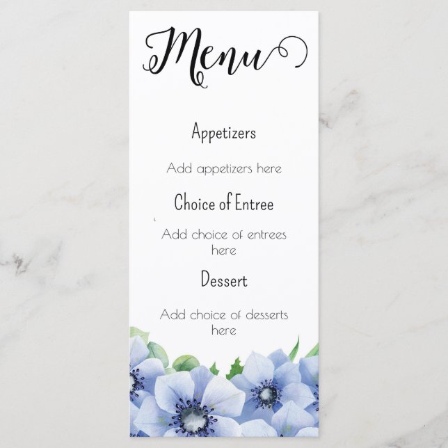 Blue Anemone and Eucalyptus Menu (Front)