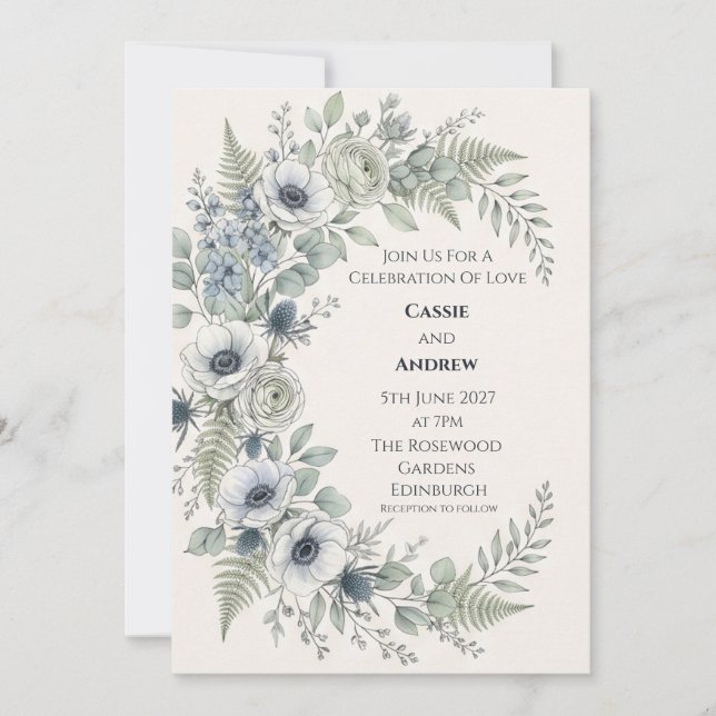 Blue Anemone Botanical Wedding Invitation (Front)