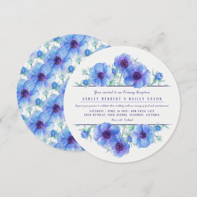 Blue anemone evening reception wedding invites (Front/Back)