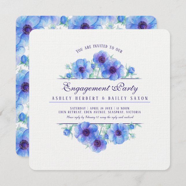 Blue anemone floral watercolor engagement invitation (Front/Back)