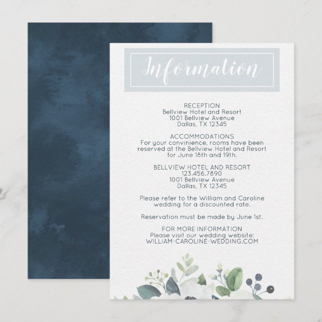 Blue Anemone Floral Wedding Information Details Invitation (Front/Back)