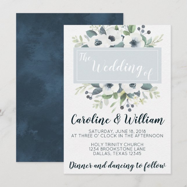 Blue Anemone Floral Wedding Invitation Invite (Front/Back)