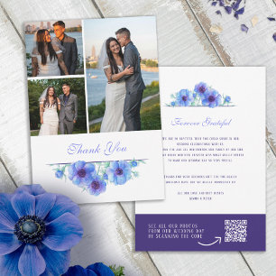 Blue anemone floral wedding thank you QR photo Card