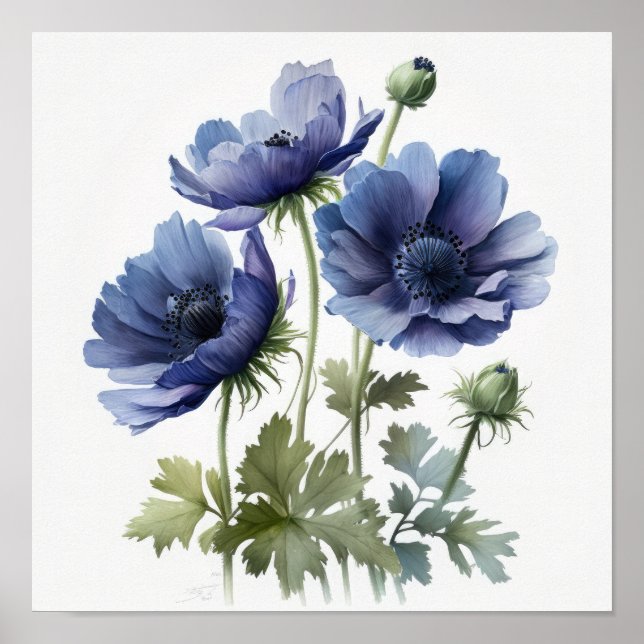 Blue Anemone Flowers Art Print Poster (Front)