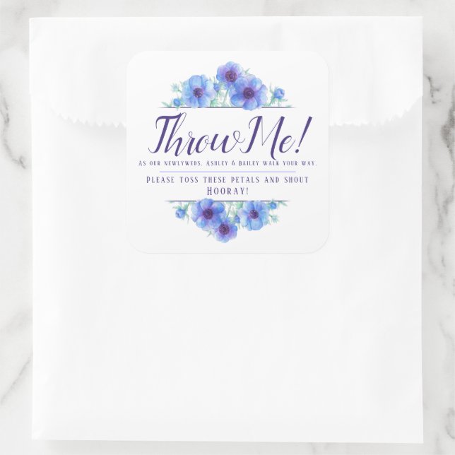 Blue anemone flowers art wedding toss me petals square sticker (Bag)